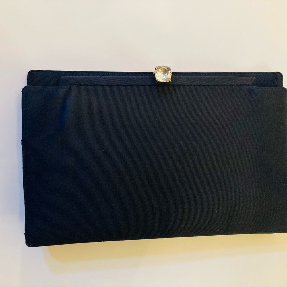 Nettie Rosenstein vintage silk faille clutch in navy with large gem clasp